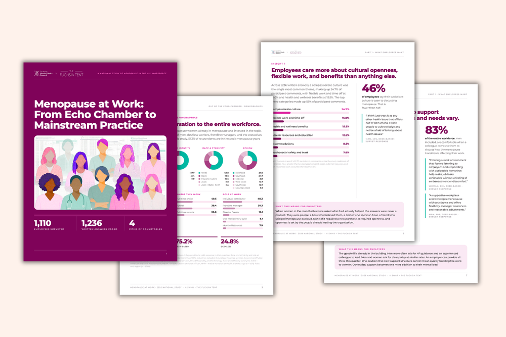 Cover and inside pages of the report Menopause at Work: From Echo Chamber to Mainstream Practice